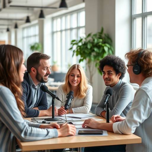 A diverse group of people collaborating around a table with podcasting equipment, reflecting Podify's collaborative mission.