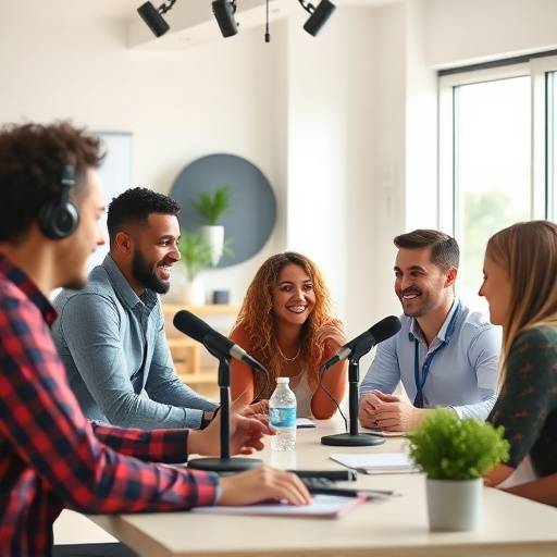 A diverse group of people collaborating and brainstorming ideas for a new podcast, representing podcast production teams.