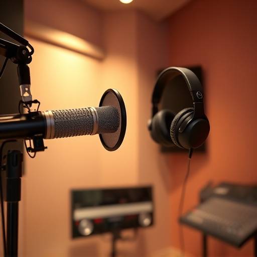 A microphone and headphones in a professional recording studio, symbolizing high-quality audio production.