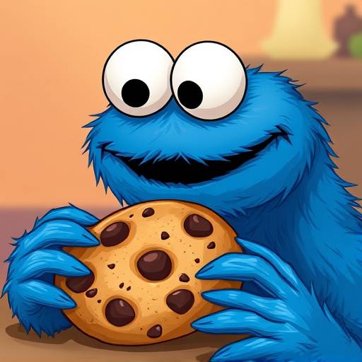 Cartoon of a friendly blue cookie monster looking longingly at a chocolate chip cookie.