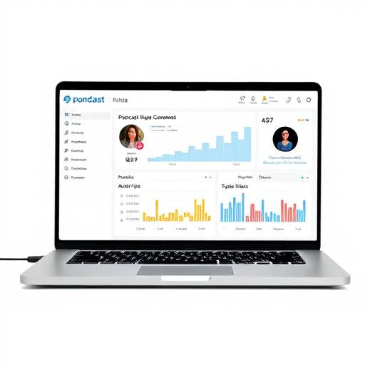 Illustration of podcast analytics dashboard on a laptop screen, symbolizing data-driven podcasting.