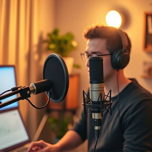 Image of a person recording a podcast in a home studio, representing the rise of independent podcasting.