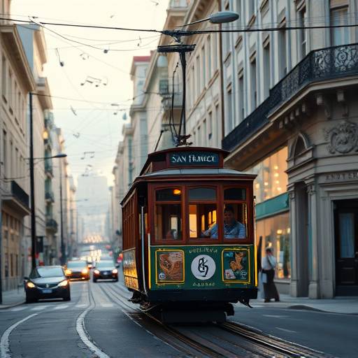 Podcast cover for City Sounds, showcasing an image of a cable car winding down a steep San Francisco street, surrounded by musical notes.