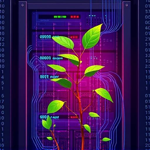 Podcast cover for Silicon Valley Startups, depicting a graphic representation of a server rack and binary code intertwined with a plant growing.