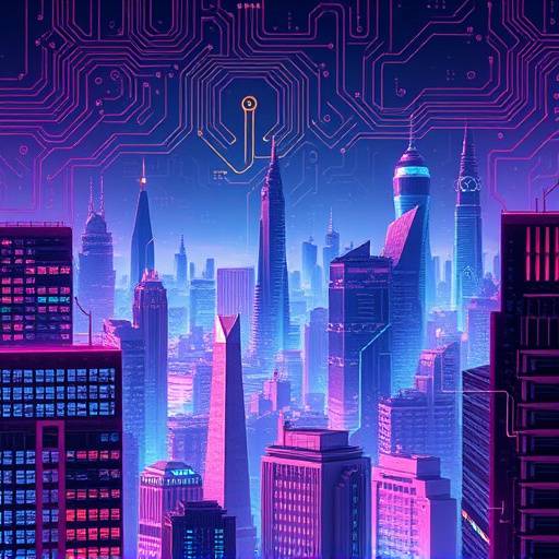 Podcast cover for Techtopia, featuring a futuristic city skyline and circuit board patterns.